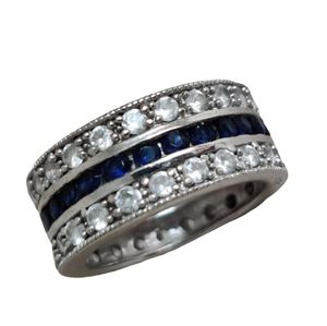 Dazzling Three Row Sterling Silver Band Ring 💍with CZ and Sapphires